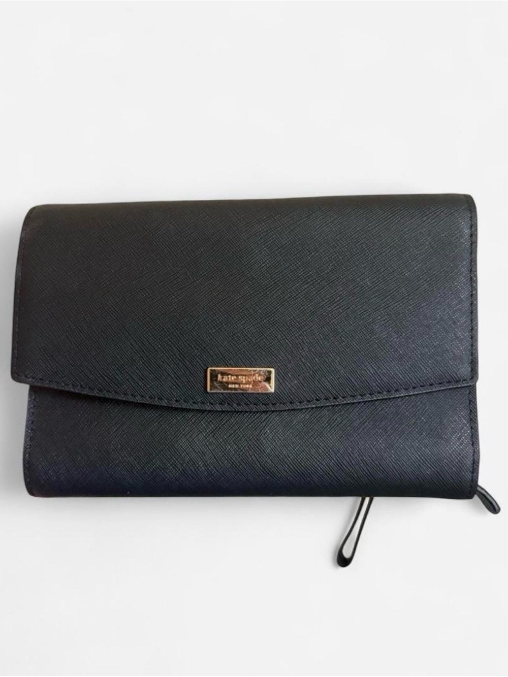 kate spade black saffiano leather flap clutch with gold plaque